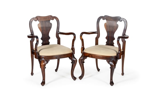 Geo. Parkes & Sons; Pair of Queen Anne style stinkwood armchairs, South Africa, 20th century