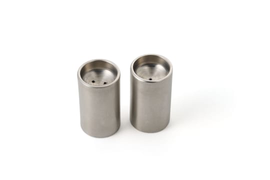 Pair of 18/8 'Cylinda-Line' stainless steel mini salt and pepper shakers, Denmark