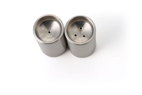 Pair of 18/8 'Cylinda-Line' stainless steel mini salt and pepper shakers, Denmark