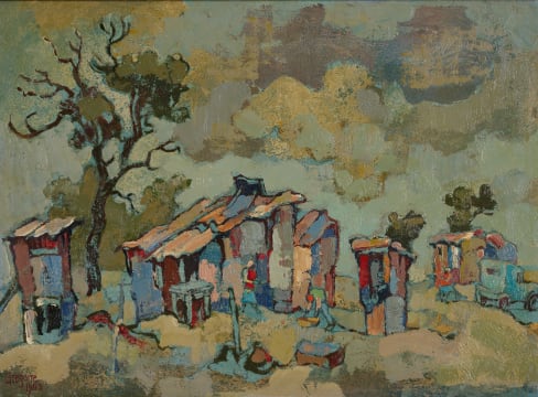 Gregoire Boonzaier; Pandokkies en Twee Toilette, Crossroads, Kaap ( Cottages and Two Toilets, Crossroads, Cape)