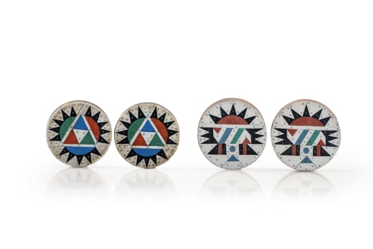 Two pairs of isiZulu 'iziqhaza' earplugs with geometric mosaic designs