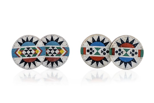 Two pairs of isiZulu 'iziqhaza' earplugs with geometric 'amashaza' designs