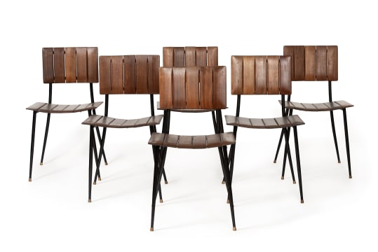 D.S. Vorster; Set of six D.S. Vorster mahogany dining chairs, South Africa, mid-20th century