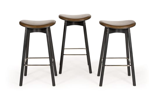 Haldane Martin; Set of three Haldane Martin ash wood and leather barstools, South Africa, 21st century