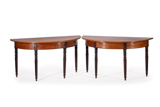 Pair of Cape Regency yellowwood and stinkwood demi-lune tables, South Africa, 19th century