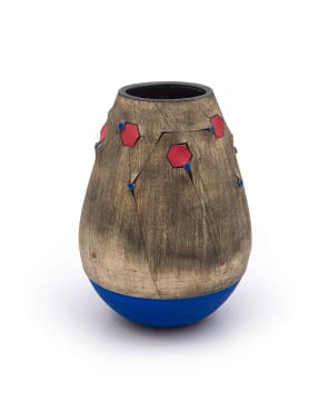 Andile Dyalvane; Scarified vase with blue and red patterning