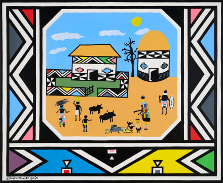 Esther Mahlangu; Untitled (Homestead, Figures and Cattle with Ndebele Pattern)