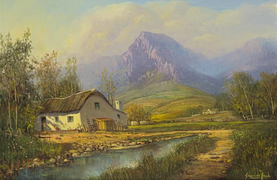 Gabriel de Jongh; Mountainous Landscape with Thatched Cottages