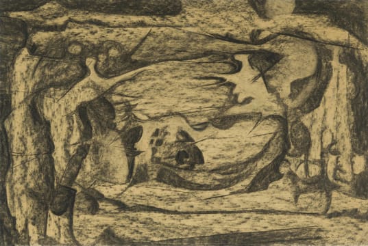 Cecily Sash; Untitled (Abstracted Figures and Hut in a Landscape)