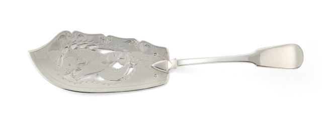 An Irish fiddle pattern fish slice, James Le Bas, Dublin, 1827