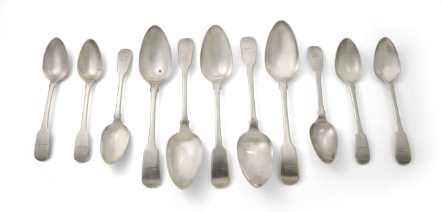Eleven fiddle pattern silver spoons, Hamilton & Co, c.1815-1970; Twentyman & Company, c.1821