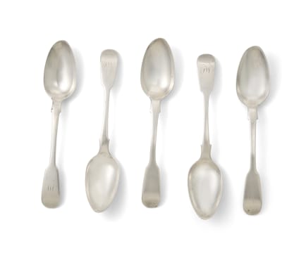 Five Cape silver fiddle pattern teaspoons, Johannes Marthinus Lotter, c.1844-1879