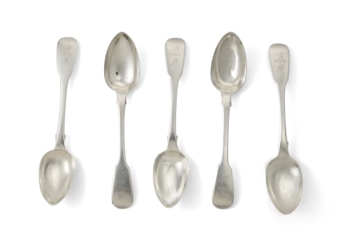 Five Irish silver fiddle pattern teaspoons, James Brady, Dublin, 1833