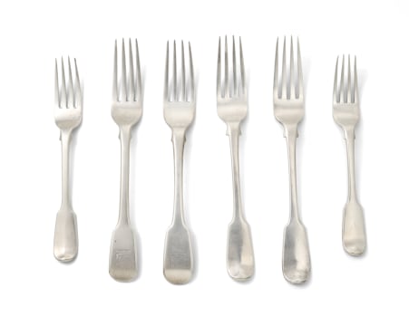 Six Indian silver Fiddle pattern forks, Hamilton & Co, c.1815-1970