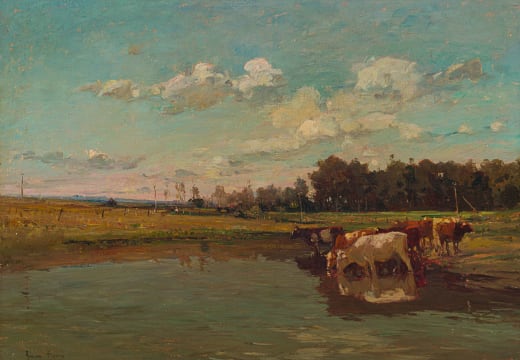 Adriaan Boshoff; Cattle Drinking from Watering Hole