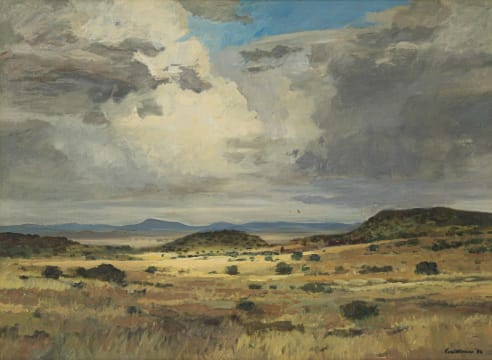 Eben van der Merwe; Landscape with Distant Mountains and Storm Clouds