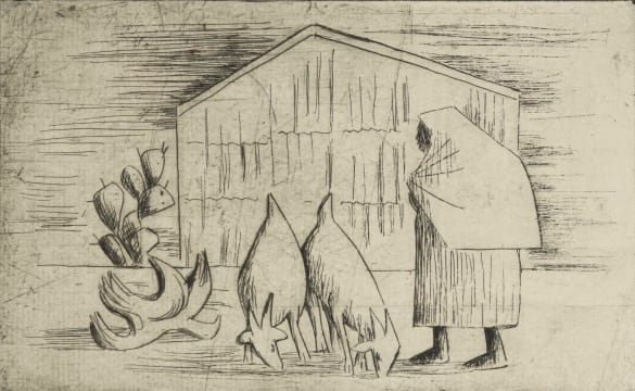 Peter Clarke; A Figure and Goats Near a Barn
