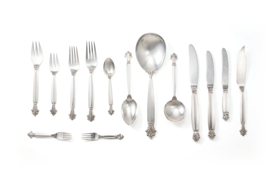 A set of Georg Jensen silver 'Acanthus' pattern flatware, designed in 1917 by Johan Rohde, .925 sterling, c.1945-1977