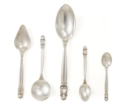 A part set of Georg Jensen silver 'Acorn' pattern flatware, designed in 1915 by Johan Rohde, .925 sterling, c.1945-1977