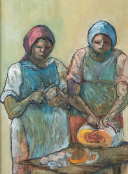 Amos Langdown; Two Women Preparing Pumpkin