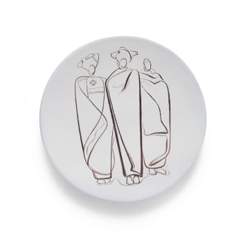 Kalahari Studio; Plate with line drawings of three figures wrapped in blankets