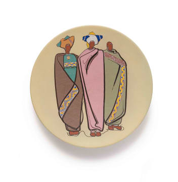 Kalahari Studio; Plate with three figures wrapped in blankets