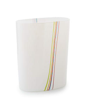 Bertil Vallien- Kosta Boda Glass; Rainbow series, oval-shaped mottled glass vase with applied vertical and diagonal slip trail coloured glass motif