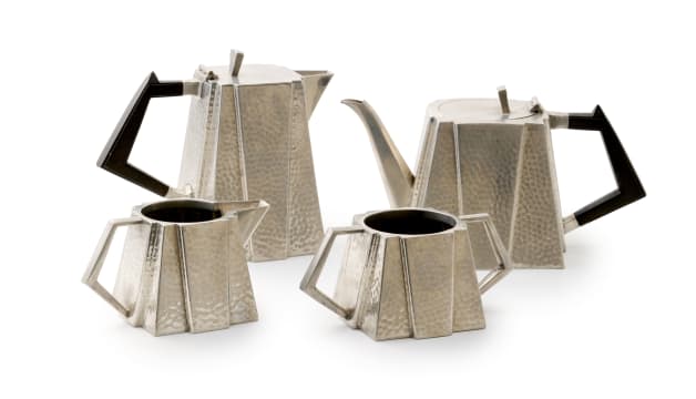 A four-piece art deco style pewter tea-set, Civic Pewter, Sheffield, c.1950s