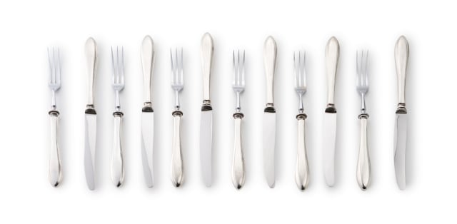 A set of six silver-handled fruit knives and forks with stainless steel blades and tines, 830 standard, with Dutch foreign made tax marks, 20th century