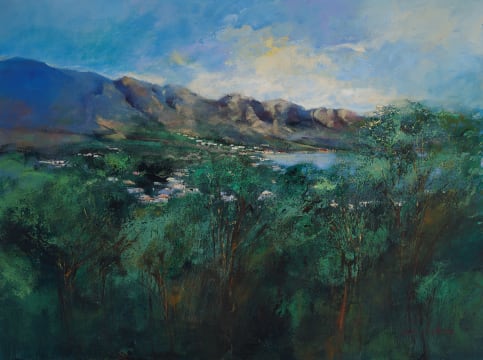 Derric van Rensburg; View of a Town through a Thicket