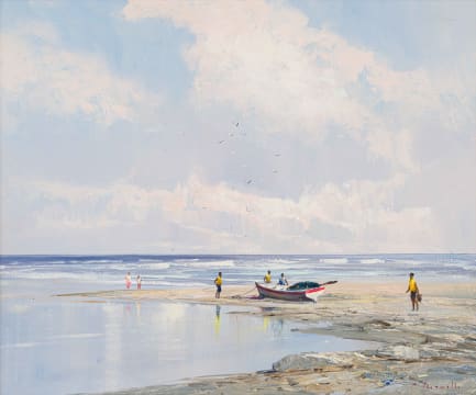 Christopher Tugwell; Seascape with Trek boat and Figures