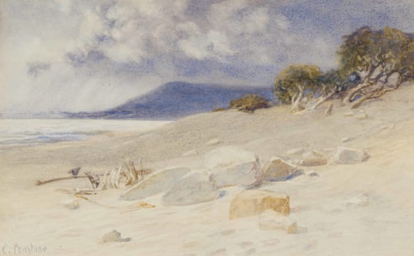 Constance Penstone; Beach Scene with Trees and Distant Mountain