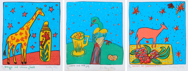 Bronwen Findlay; Giraffe and Chinese Flask; Loerie and Milk Jug; Duiker on Patterned Box, three