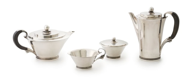 A Georg Jensen silver four-piece 'Pyramid' tea and coffee service, Harald Nielsen, numbers 600B and A, c.1933-1944