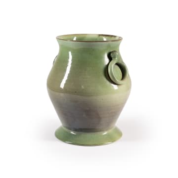 Globe Potteries; Green and purple vase with ring handles and wide flared mouth and base