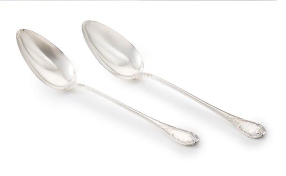 A pair of Christofle Marly pattern silver-plated serving spoons, France, c.1935-1983