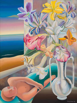 Simon Jones; Figure Resting Next to Flowers