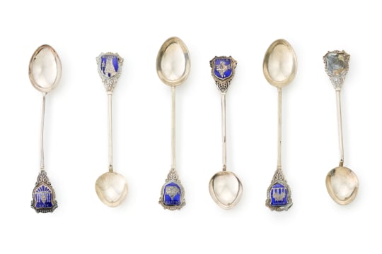 Six sterling silver and enamel souvenir teaspoons