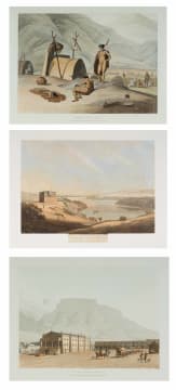 Samuel Daniell; Bosjesmans Frying Locusts; The Military Station at Algoa Bay; New Theatre, Hottentot Square, three