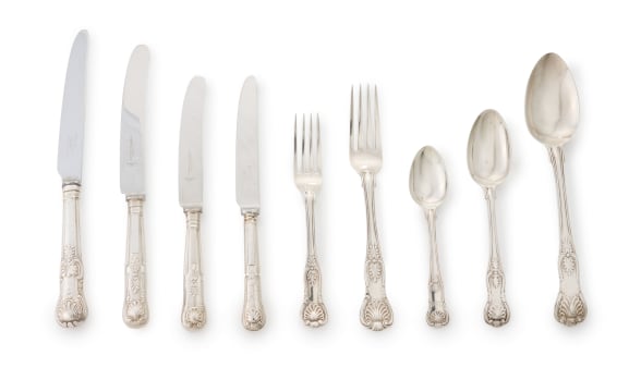 An assembled set of King's pattern silver cutlery set, various makers, London, 1828-1874