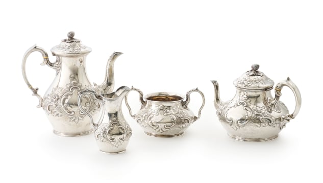 A Victorian silver four-piece tea and coffee service, A. B. Savory & Sons (William Smily), London, 1856