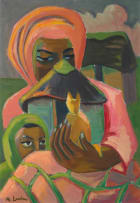 Maggie Laubser; Mother and Child with Huts and a Cat