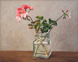 Ben Coutouvidis; Glass Bottle with Pink Pelargoniums