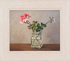 Ben Coutouvidis; Glass Bottle with Pink Pelargoniums