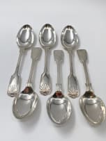 Six Edward VII silver-plate 'Fiddle and Shell' pattern dinner spoons, Henry Hobson & Son, Sheffield & London, 1906