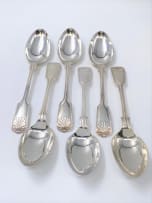 Six Edward VII silver-plate 'Fiddle and Shell' pattern dinner spoons, Henry Hobson & Son, Sheffield & London, 1906