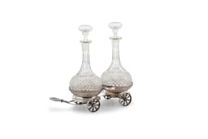 A Victorian Sheffield silver-plate wine decanter wagon trolley and decanters, maker’s initials H & Co, 19th century