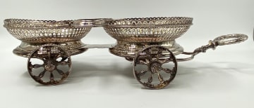 A Victorian Sheffield silver-plate wine decanter wagon trolley and decanters, maker’s initials H & Co, 19th century