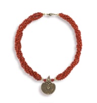 Five-strand coral and 12ct gold necklace, India