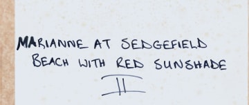 James Mooney; Marianne at Sedgefield Beach with Red Sunshade II